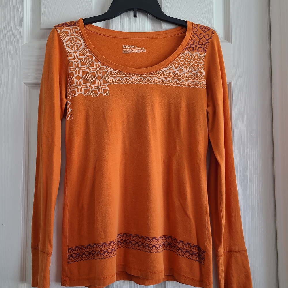 Mossimo Supply Co. Orange Long Sleeve Top with White Patterns